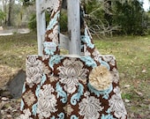 Pleated purse in Joel Dewberrys Bark Damask, pretty blue and brown