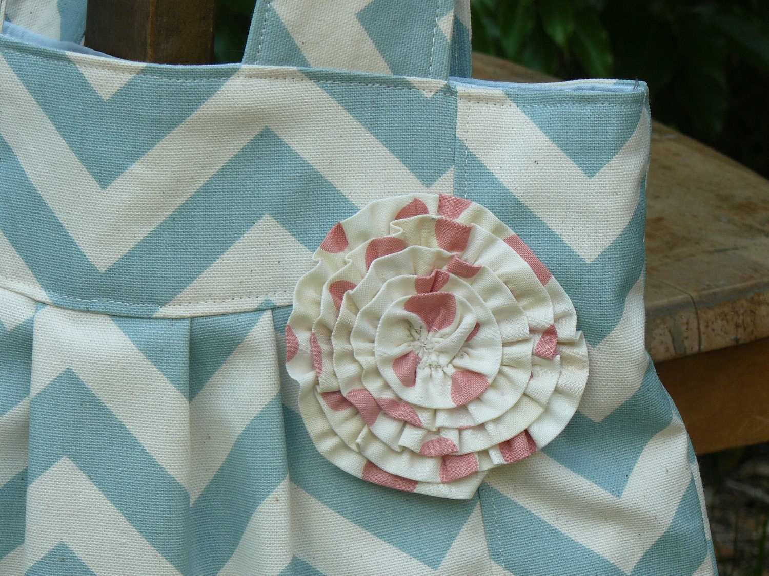The JuJu Blue Chevron,  pleated Diaper Bag with Pink polka dot  rosette