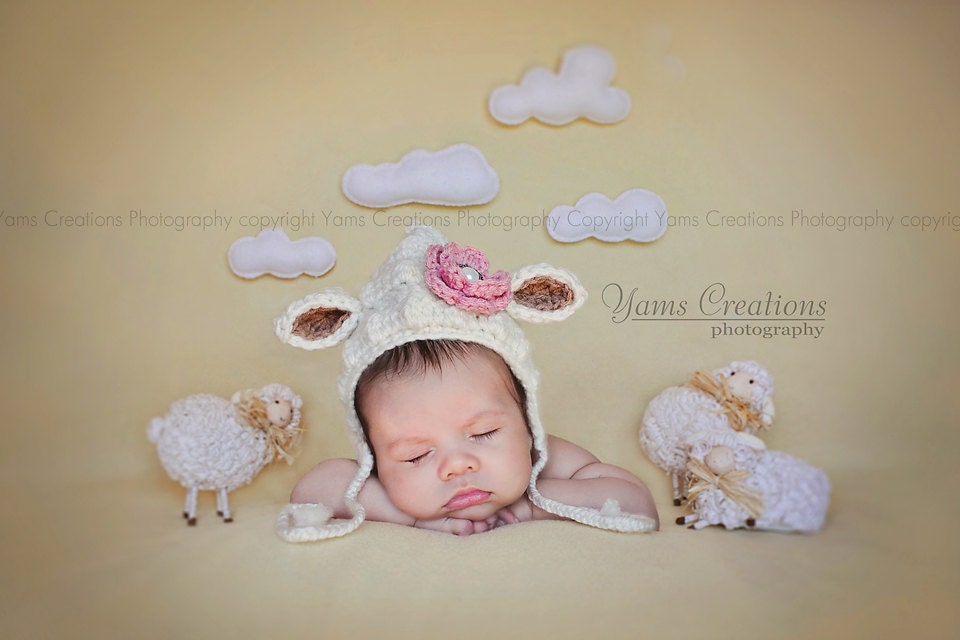 Lamb Bonnet Crochet Baby Hat - Gender Neutral - Crochet Photography Prop - Size Newborn