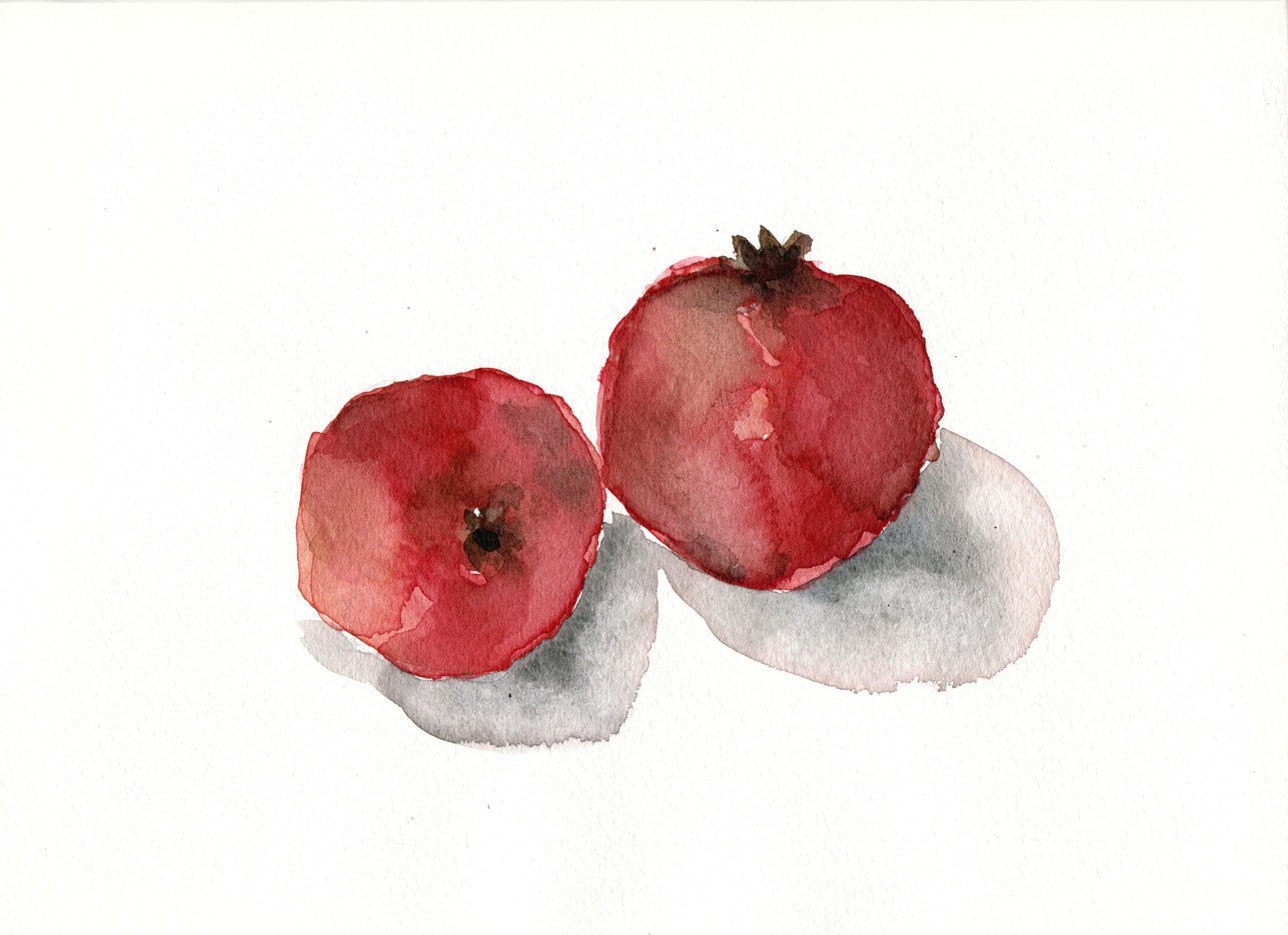 Pomegranates No. 4 reproduction print of original watercolor painting, Deep red and salmon colors. kitchen art, minimalist, limited edition