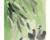 Bamboo and  Hens Fine Art Print In Black, Grey and Peridot Green limited edition, nursery wall decor. art fo kids, Japanese inpired