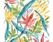 Abstract leaves, colorful  art Print of my original watercolor painting in Teal Olive Green Salmon Red Mustard  and Yellow, wall decor