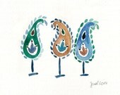 Paisley Trees original watercolor painting, Folk Art inspired, boho chic, Teal , mustard yellow,