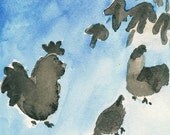 Rooster  and 2 Hens and a Cloud Reproduction print of my original watercolor painting Blue grey white limited edition, nursery decor