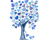 Blue  Hearts Tree  art Print of watercolor painting ,  valentine day,  weddings , girls, heart, mothers day, wall decor , wall art