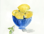 Lemons in Blue bowl art print of  still life painting , limited edition, Fresh, Blue , Lemon Yellow,Mediterranean, kitchen art