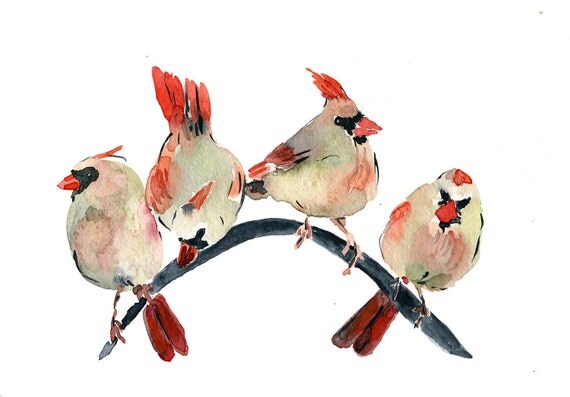Cardinals gathering, art Print of watercolor painting, Holiday, Christmas, wall decor, Nursery decor, woodland, bird art, digital art print