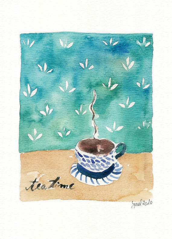 Tea Time Print of original watercolor painting of a tea cup on a table, Still life, shabby chic, retro, kitchen decor,mothers day