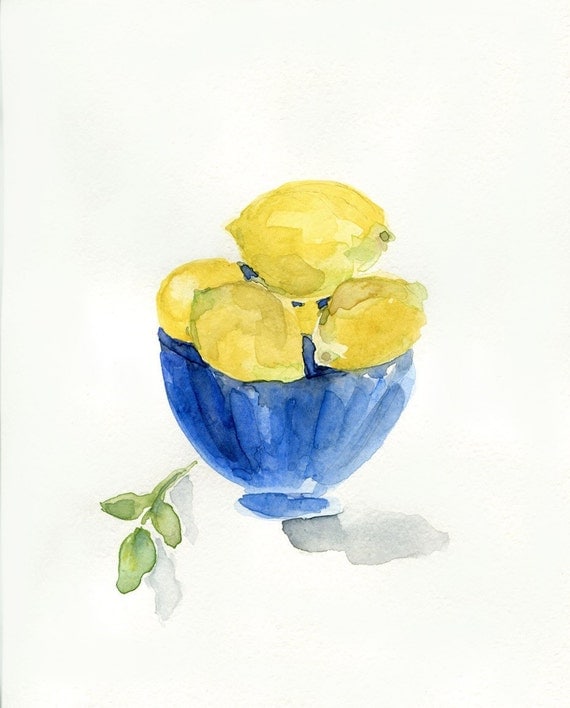 Lemons in Blue bowl art print of  still life painting , limited edition, Fresh, Blue , Lemon Yellow,Mediterranean, kitchen art