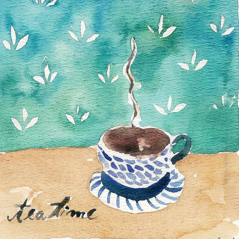 Tea Time Print of original watercolor painting of a tea cup on a table, Still life, shabby chic, retro, kitchen decor,mothers day