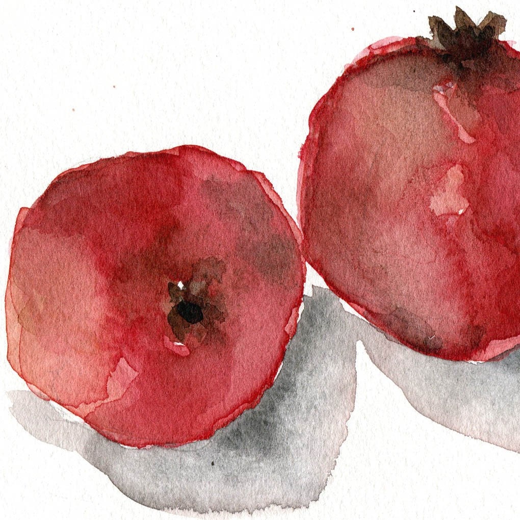 Pomegranates No. 4, digital print of original watercolor painting, Deep red and salmon colors. kitchen art, minimalist, limited edition