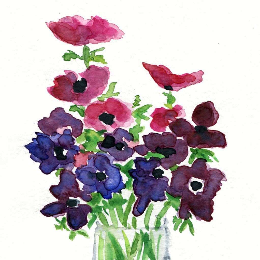 Anemone bouquet Print of my original Still Life watercolor painting in Purple Fuchsia and Green limited edition, mothers day