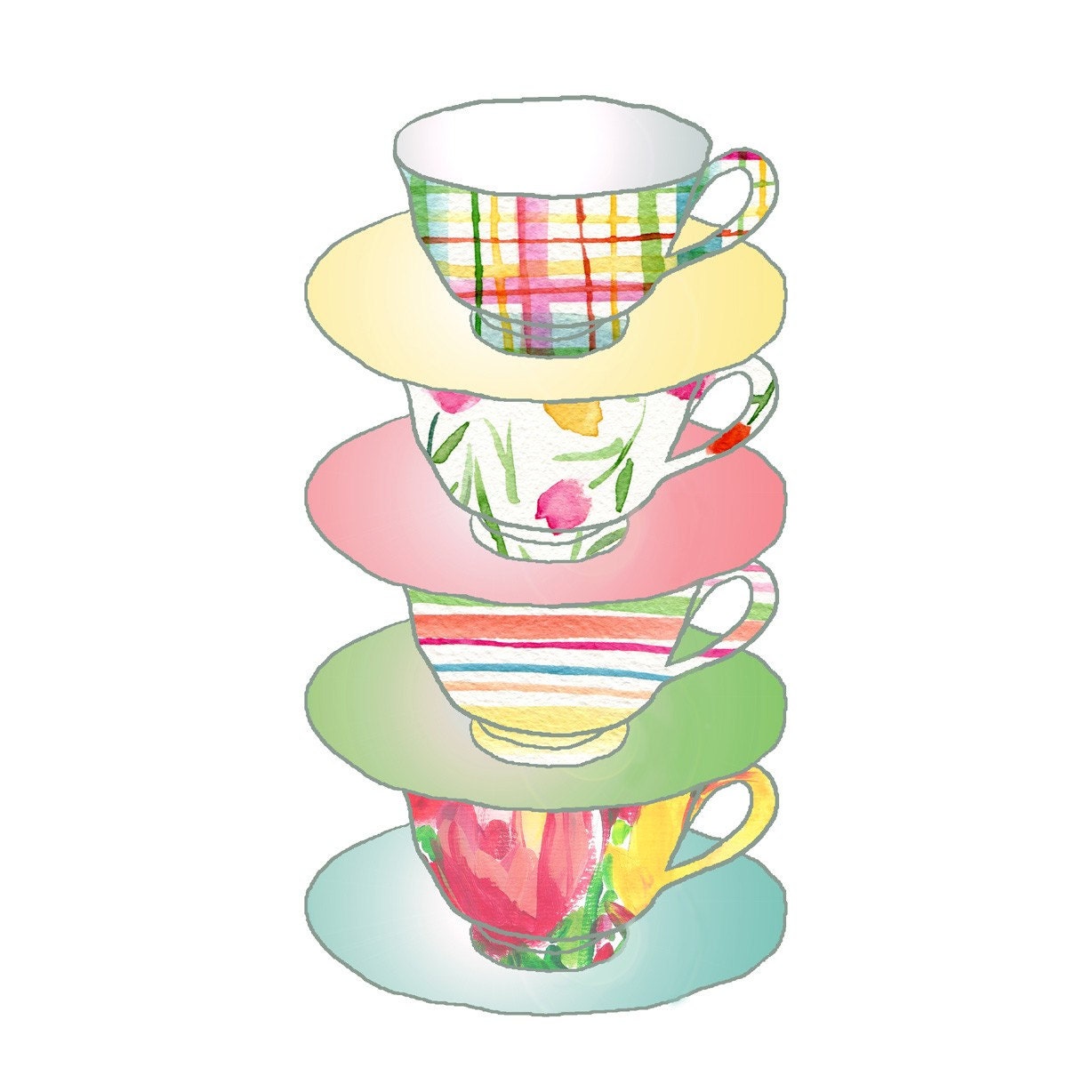 Kitchen art A Stack of Cups Art Print , colorful shabby chic, limited edition, mothers day, floral, plaids, retro
