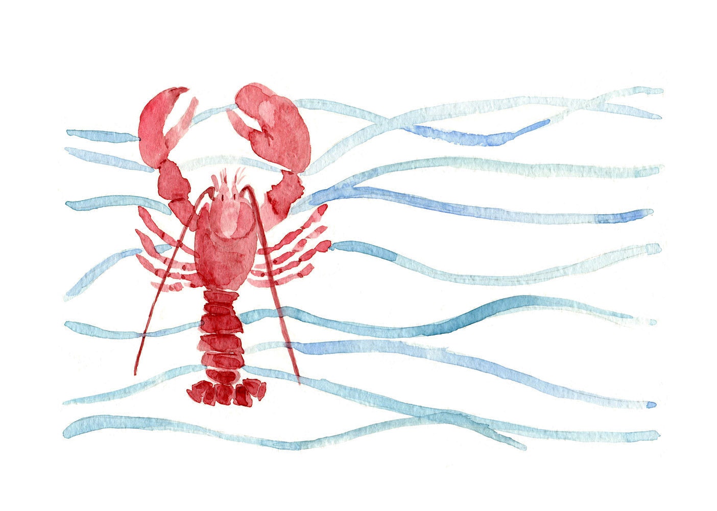 Red Lobster art print of original watercolor painting. Lobster and waves Stripes, nautical, marine, cottage chic, coast, beach. fishing