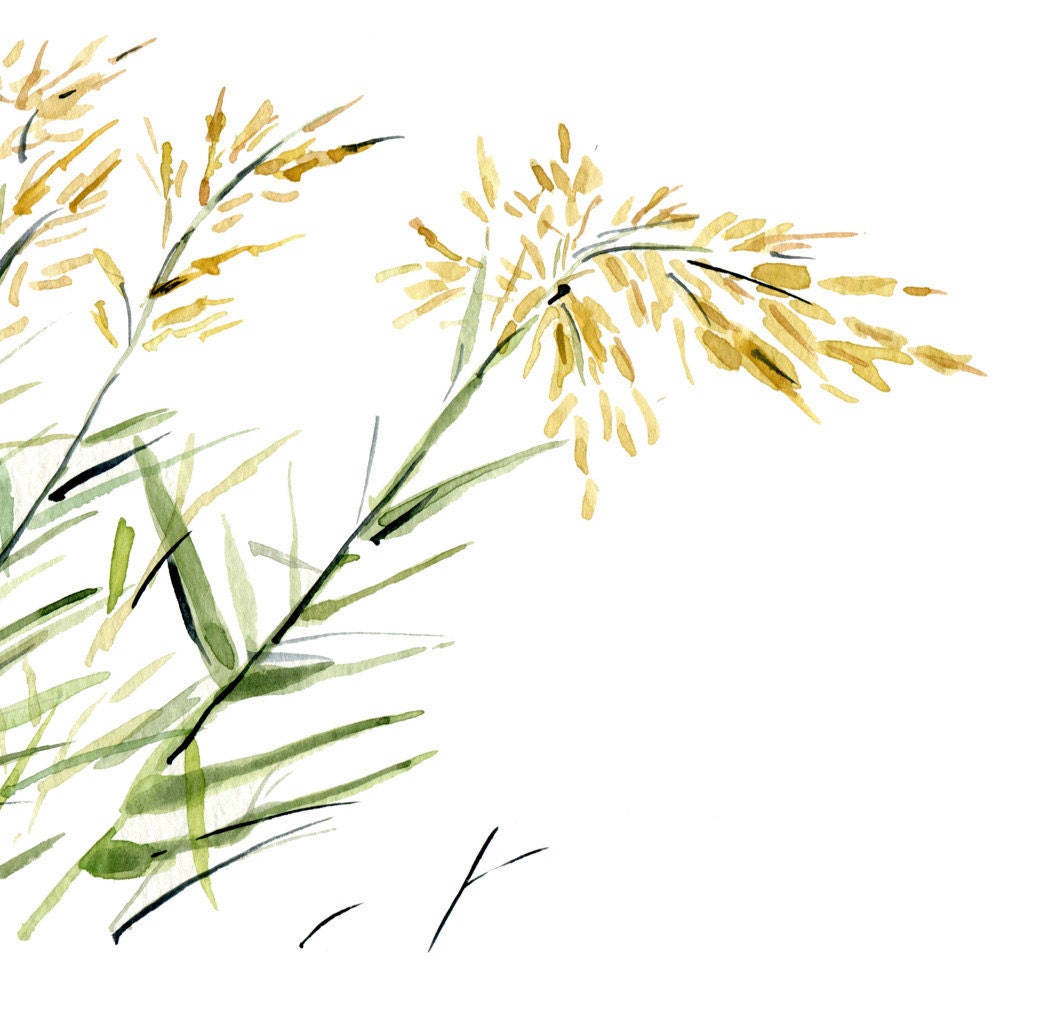 Blowing in the Wind, Art print of  watercolor painting of bamboo plants on a windy day, Green and yellow mustard, nature, plants, zen,