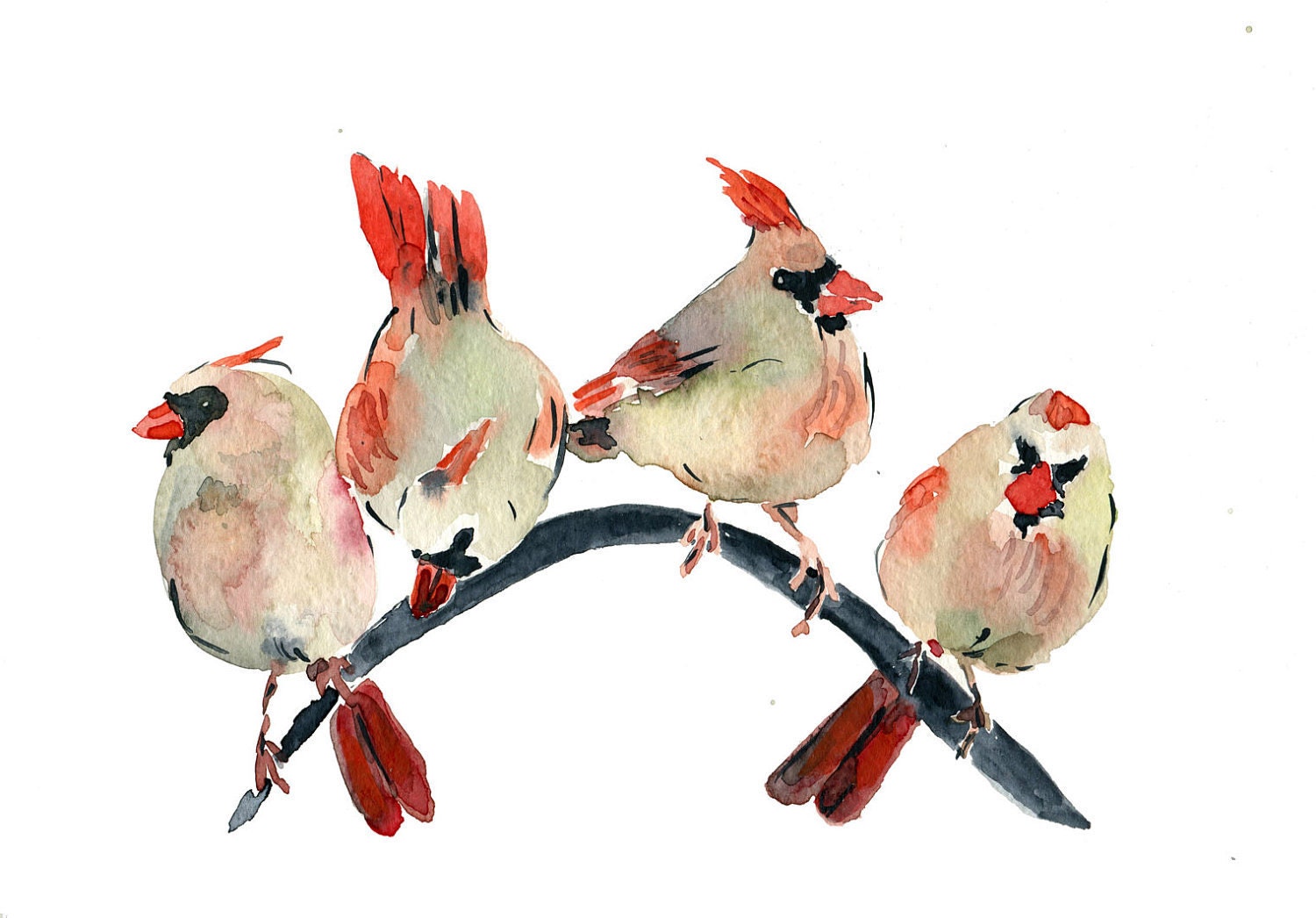 Cardinals gathering, art Print of watercolor painting, Holiday, Christmas, wall decor, Nursery decor, woodland, bird art, digital art print