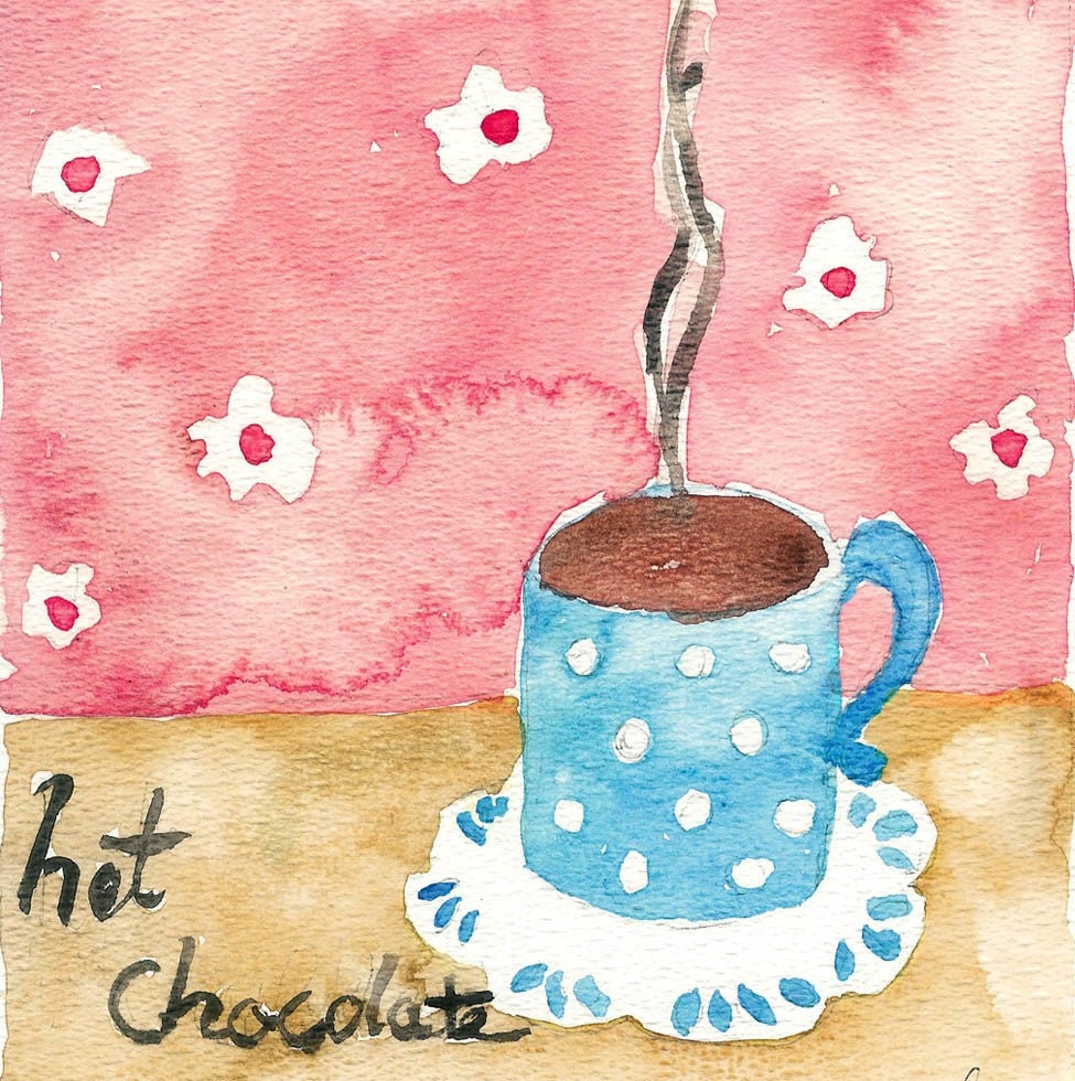 Love hot Chocolate Print of original watercolor painting soft pastels colors war cozy shabby chic,limited edition