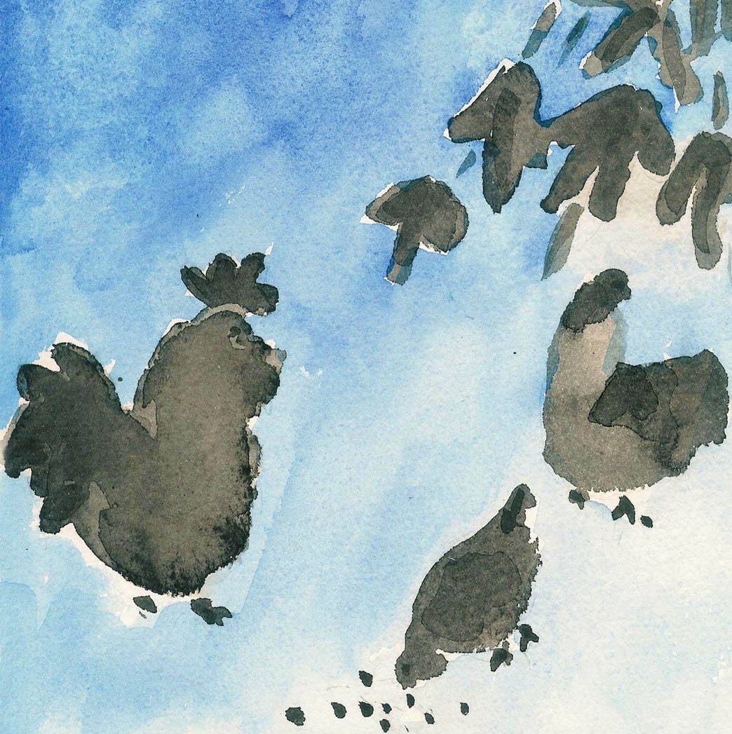 Rooster and 2 Hens and a Cloud Reproduction print of my original watercolor painting Blue grey white limited edition, nursery decor