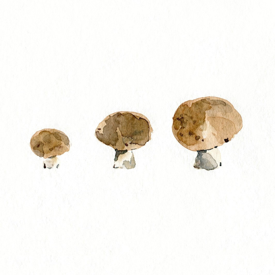 3 little mushrooms art Print of Original Watercolor painting, still life, botanical, woodland, natural history. kitchen decor, kitchen ar