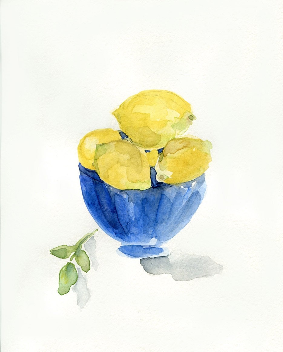 Lemons in Blue bowl art print of  still life painting , limited edition, Fresh, Blue , Lemon Yellow,Mediterranean, kitchen art