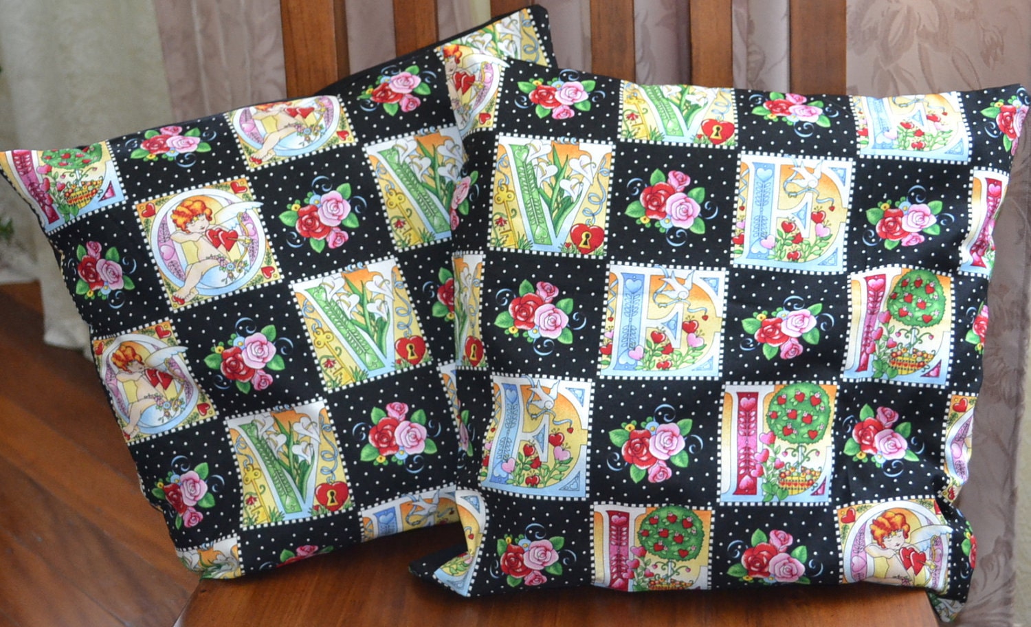 2 Cotton 16 Inch LILIES Cupids & ROSES Throw Pillow Cover - Made with quality designer cottons and quilting cottons