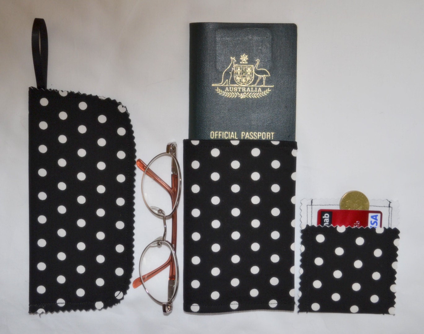 Black & White Polka DOTS Passport Wallet Or Coupon Organizer PLUS 1 Pocket Wallet Purse PLUS Belt Hang Glasses Cell Phone Case