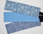 3 Cotton Blue PAISLEY Daisy FLOWERS 2 Inch Elasticised Headbands Plus 3 Sz Small Bracelet Cuffs Plus Matching Ribbon Tie Choker Necklace