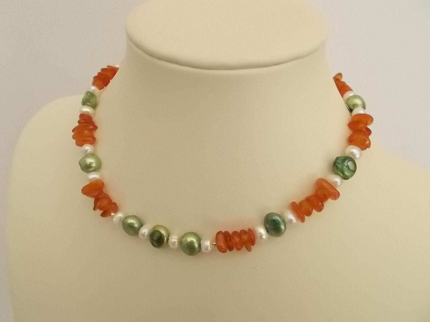 Light Baltic Amber Teething Necklace with Green and White Freshwater Pearls, Reiki Charged
