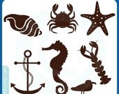 At The Beach Silhouettes - starfish, anchor, crab, sea horse, sea gull, shell, premade logo designs - Personal and Commercial Use Clip Art