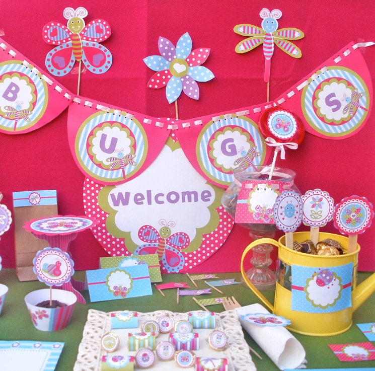 Butterfly and Bugs Garden Birthday or Baby Shower Custom Printable Party Kit Package Il_570xn