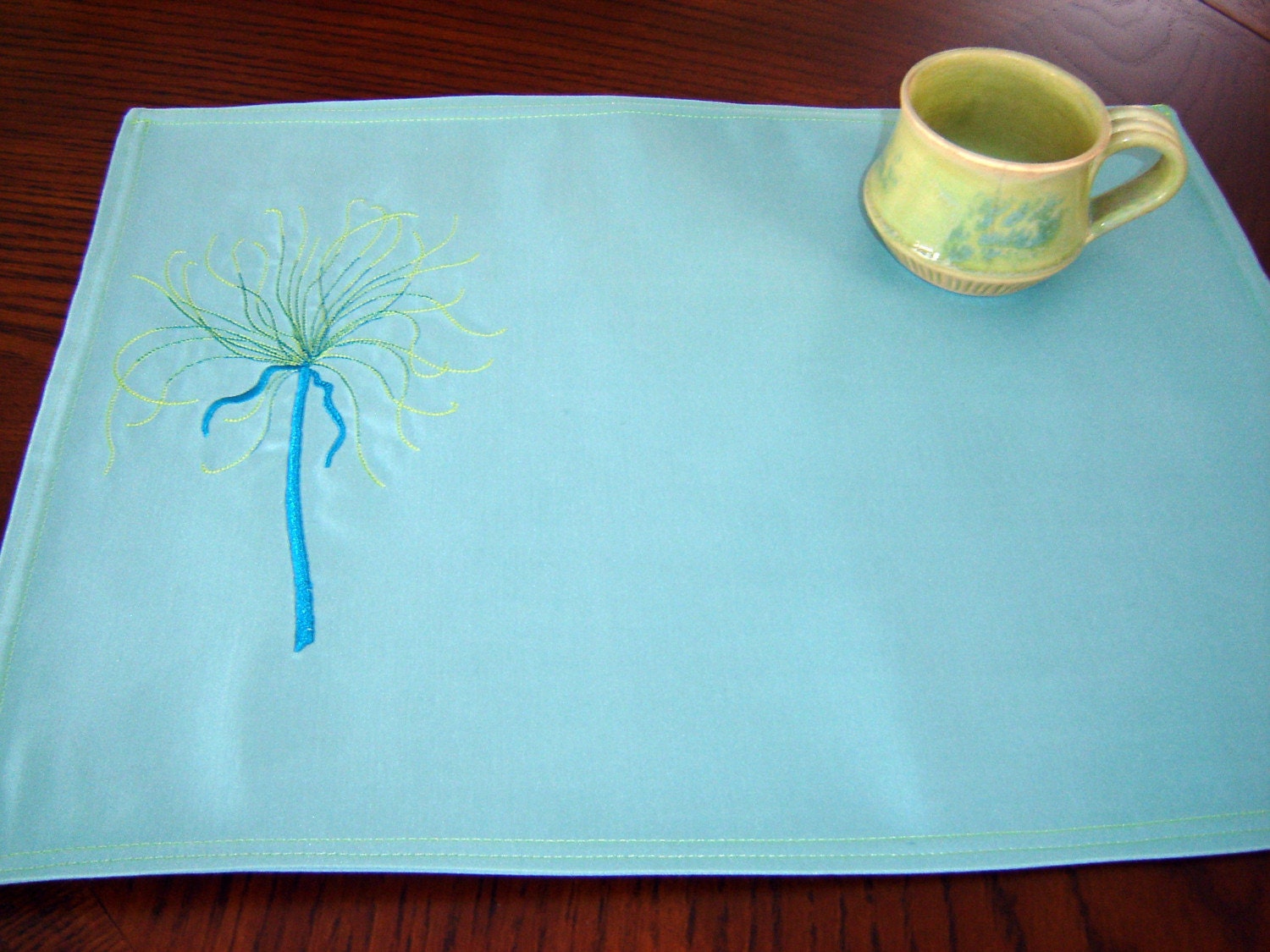Placemats  Spring Flowers Aqua and Lime Green Linens Tablecloth Table Runner Kitchen Dining room Tablecloth Room Decor Furniture