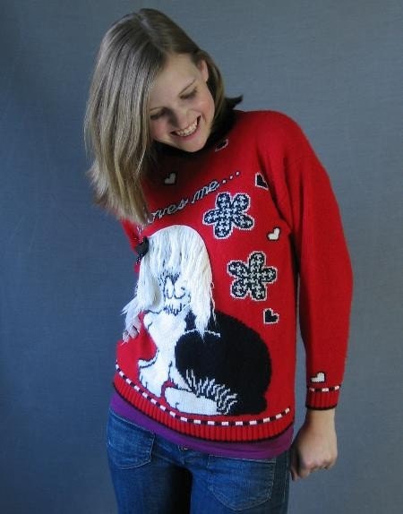 80s Vintage Sweater Shaggy Dog RED Hearts Flowers Extra Small to Small