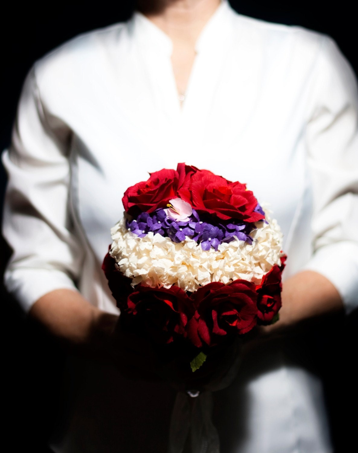 OoaK paper flower wedding bouquet - biedermeier with red roses, white hydrangea, purple wildflowers, pink cherry blossoms, and rose leaves