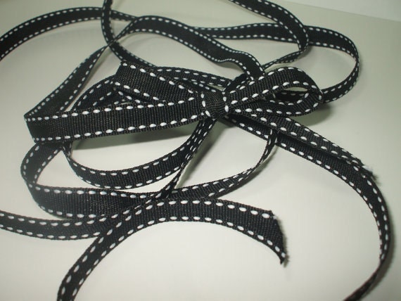 Grosgrain Ribbon Black and White Stitched Edges 2 Yards Embellishment for scrapbooking, cards, sewing embellishment trim