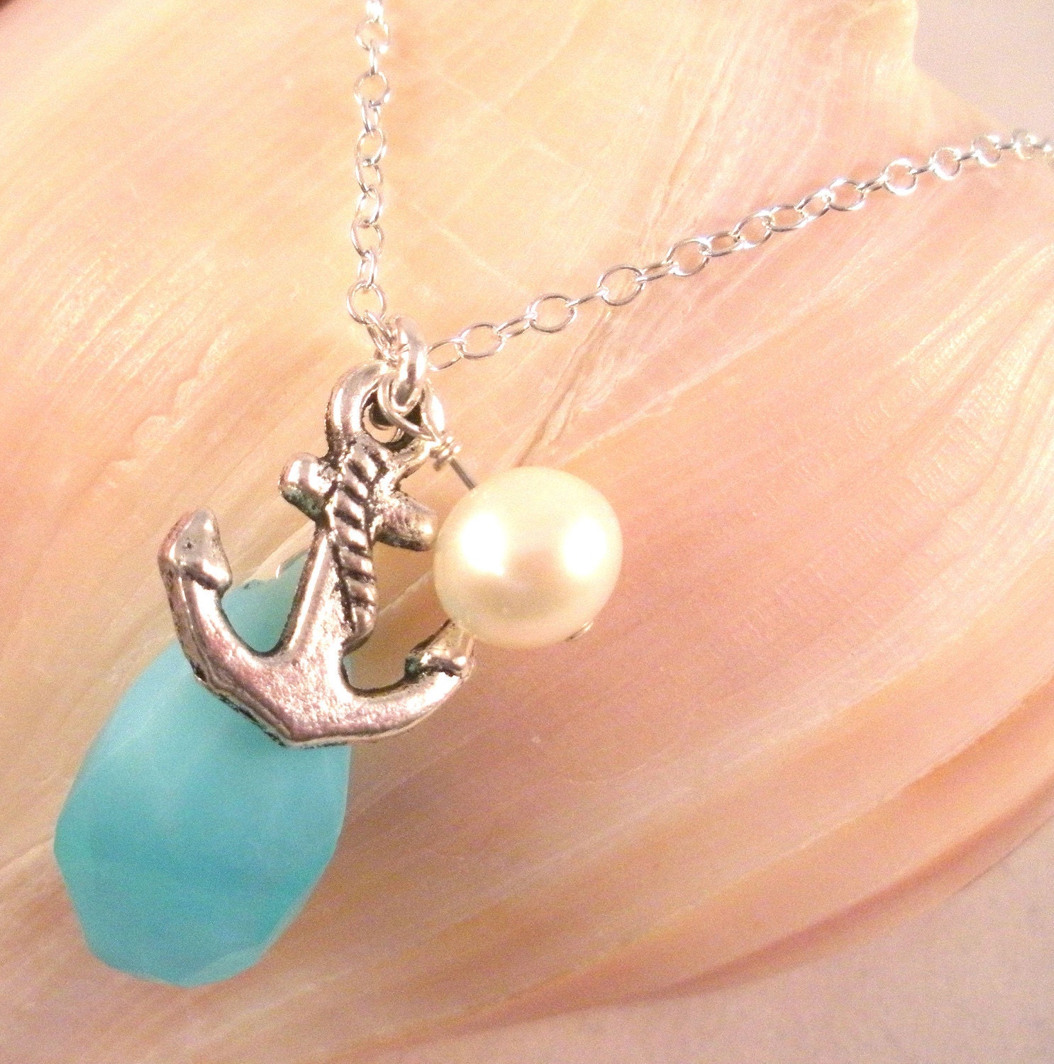 Go Coastal Peruvian Blue Opal Wire Wrapped Briolette Nautical Anchor Charm Sterling Silver Necklace