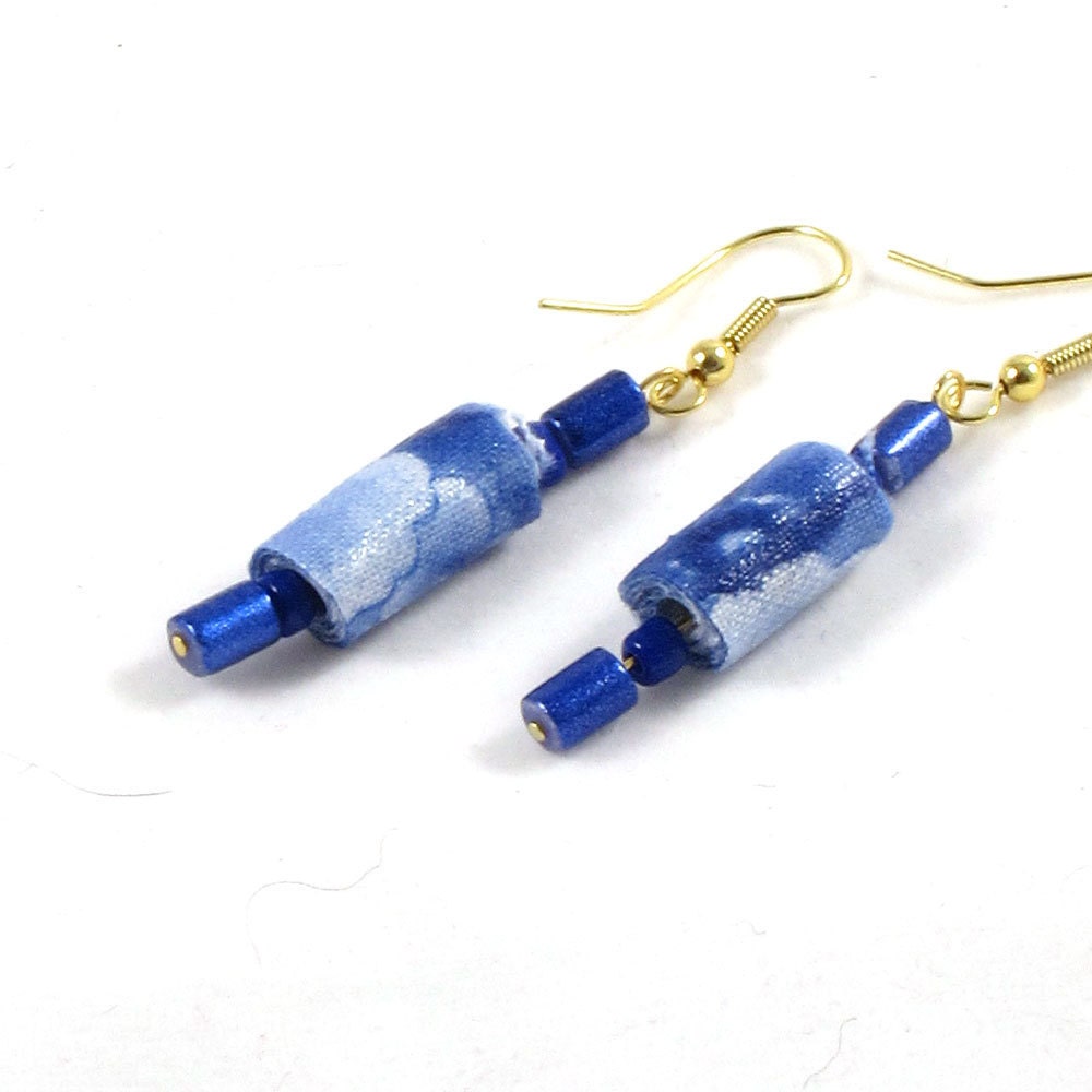 Textile Earrings Blue Earrings Blue Jewelry  Fiber Earrings Dangle Earrings Drop Earrings Spring Earrings Cobalt Blue Under 15 OOAK