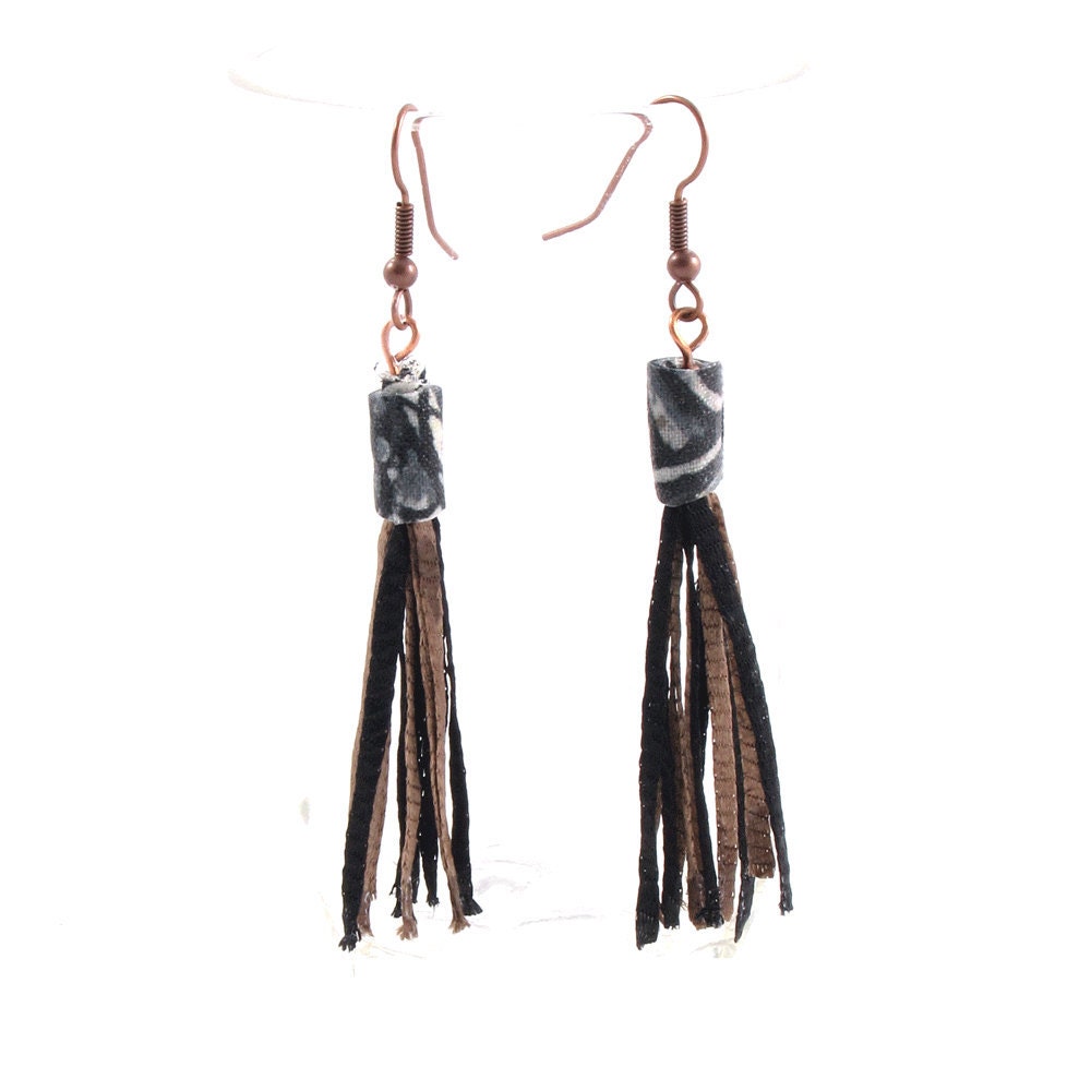 Fiber Earrings Fabric Earrings Textile Earrings Tassel Earrings Drop Earrings Dangle Earrings in Black, Gray, Brown and Taupe Under 15 OOAK