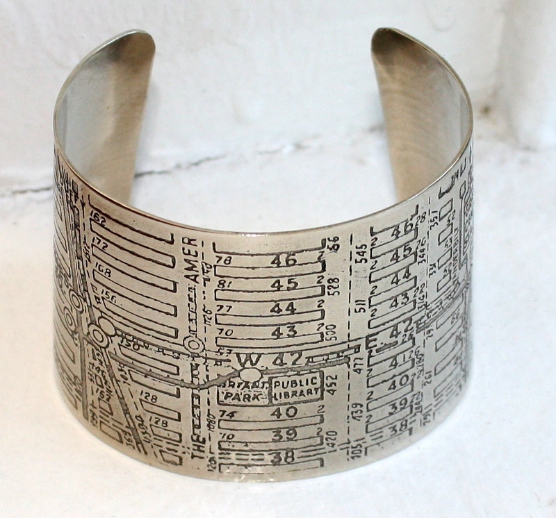 NYC Map - Times Square Etched Cuff Bracelet - Nickel Silver