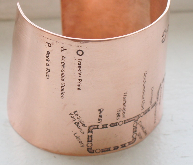 Chicago Subway CTA Map Copper Cuff Bracelet - Brown Line