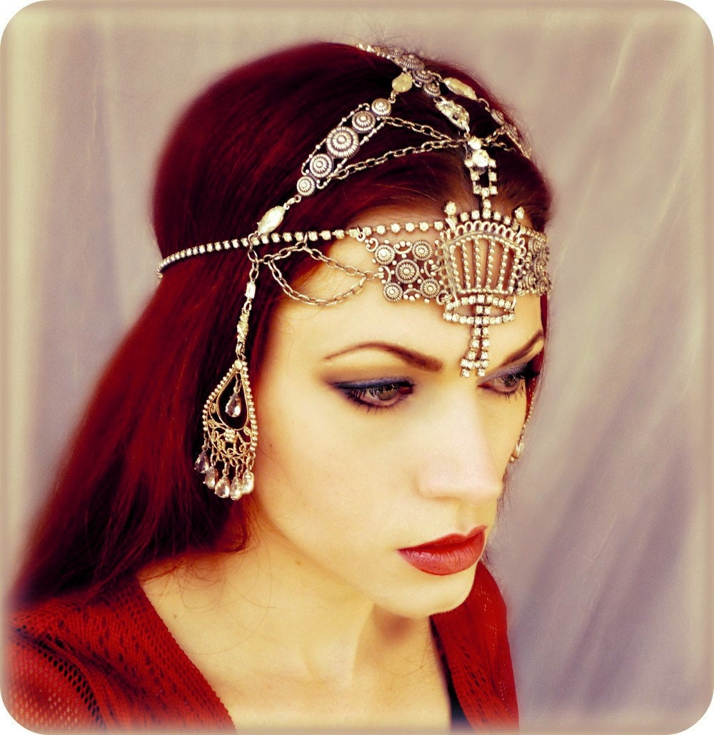Art Deco Flapper Headpiece - Vamp Vintage Rhinestone Headdress - Exotic Silver Burlesque Medieval Gypsy