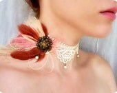 Marie Antoinette Ivory Lace Choker - Vintage Marcasite Pink Cream Feathers