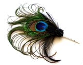 Peacock Feather Fascinator Hair Clip Pin with Black Lace and Jewel - Blue Purple Green
