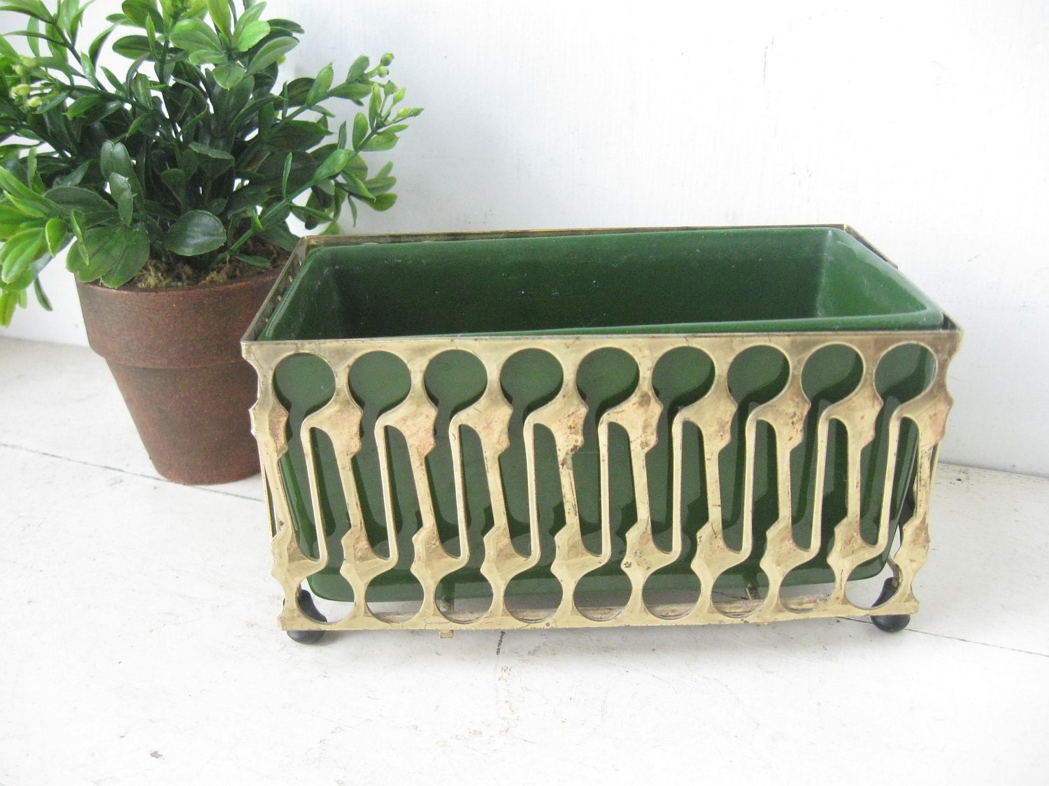Mid Century Planter Box, Green and Gold
