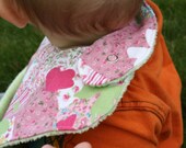 Shop Closing Sale- Messy Monster Bib- Pink Patchwork Butterflies with Green Minky-Ready to Ship