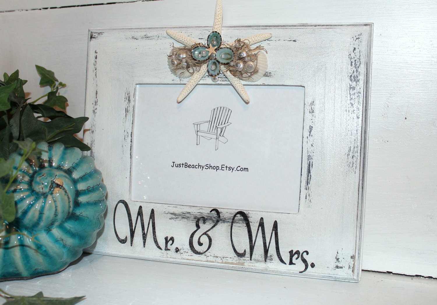 Beach Wedding Frame with Starfish Mr & Mrs Shabby Chic Coastal Decor