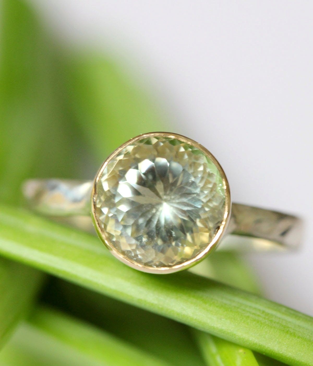 Portuguese Cut Green Amethyst In 14K Gold Ring - Made To Order