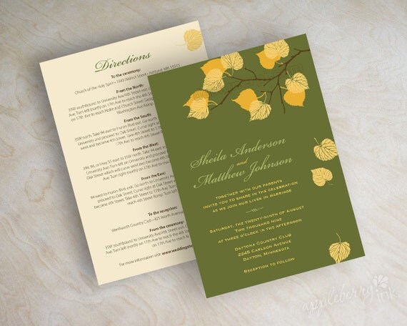Wedding invitations, birch tree, fall leaves in gold, olive green, brown and ivory