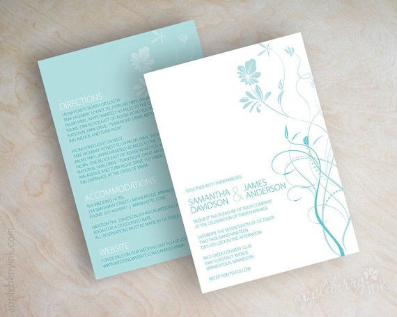 Wedding invitations, swirly flower vines in light teal, aqua and white