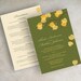 Wedding invitations, birch tree, fall leaves in gold, olive green, brown and ivory