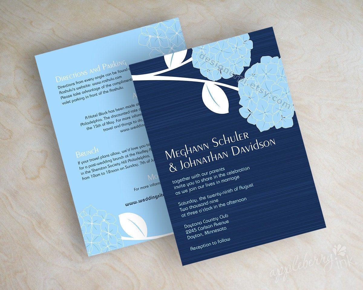 Wedding invitations, hydrangea flowers in navy blue and baby blue